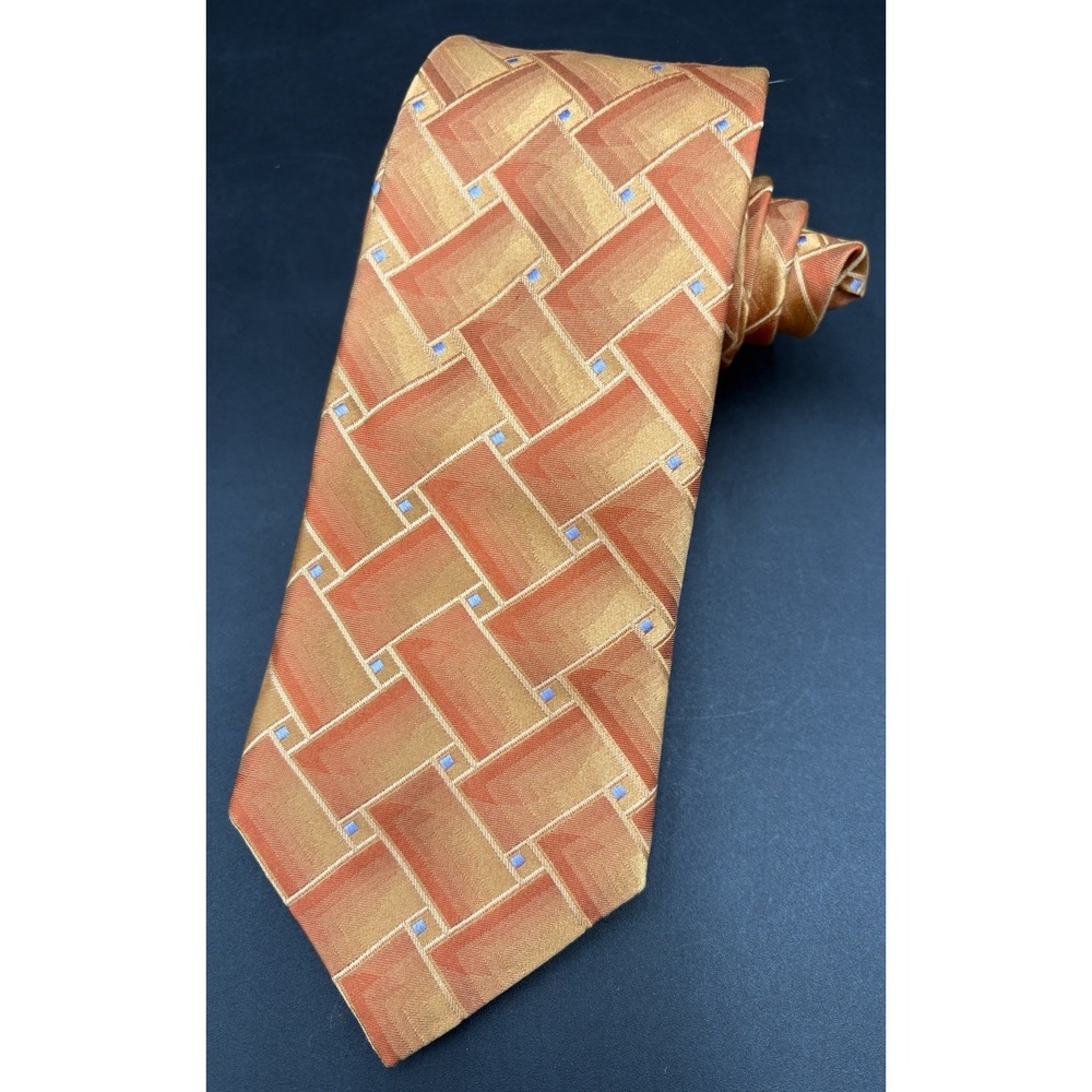 Ted Baker London Tie Men's 100% Silk Orange Gold Squares Geometric Made USA EUC
